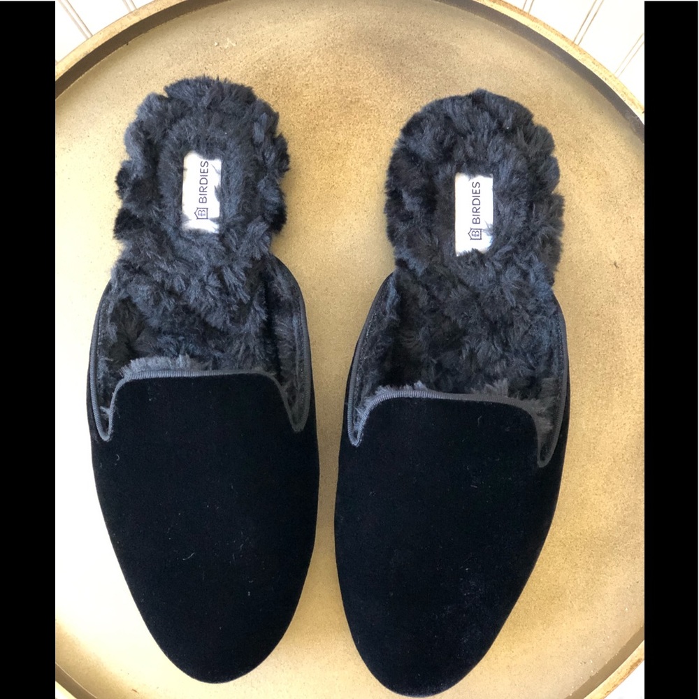 BIRDIES ‘THE PHOEBE’ BLACK FAUX FUR SLIPPERS. 7.5